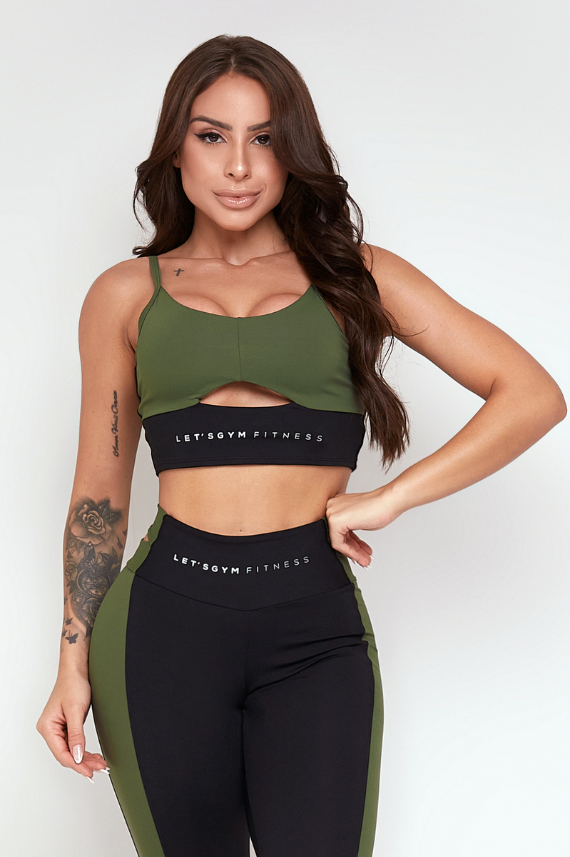 Lets Gym - Top Spirit Preto e Verde Militar - 2312PTVDM