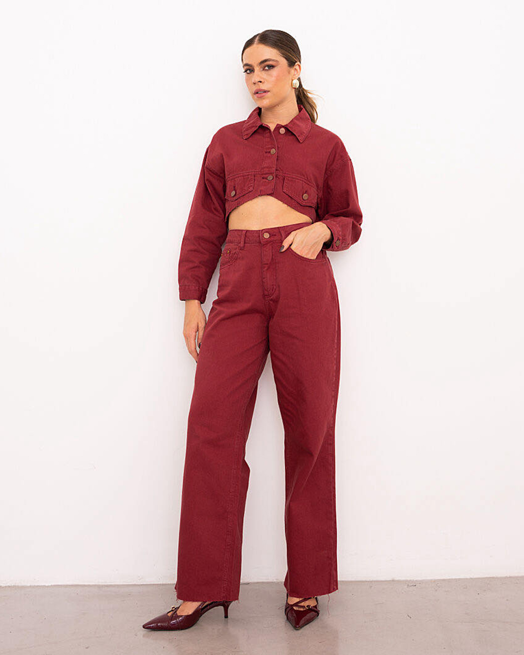 Alcance Jeans - Calça Alcance Jeans Wide Leg Bordo - 08152BORDO