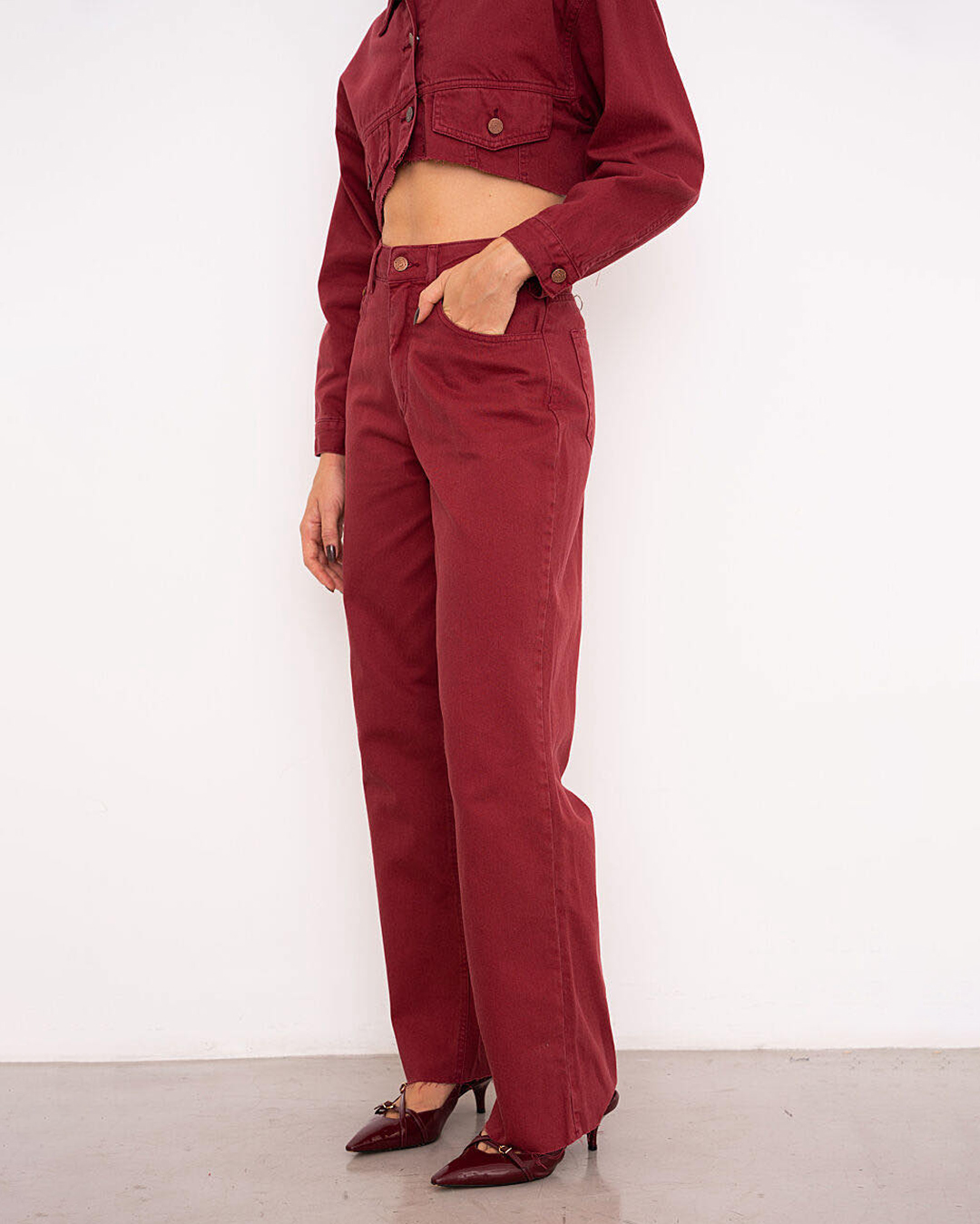 Alcance Jeans - Calça Alcance Jeans Wide Leg Bordo - 08152BORDO