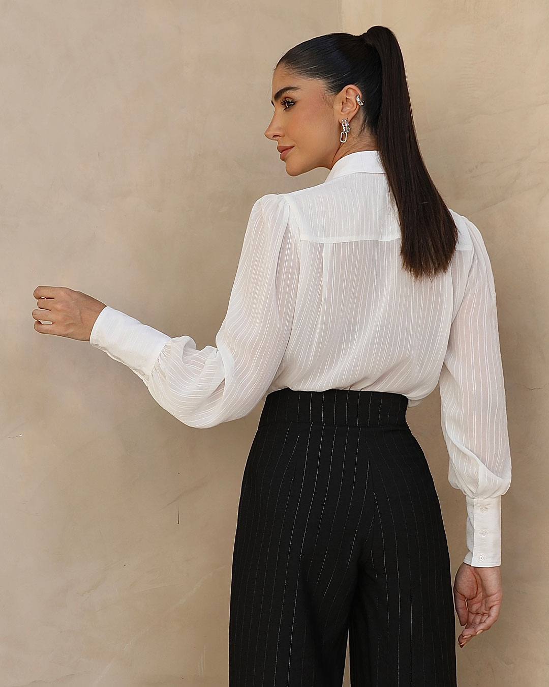 Miss Misses - Miss Misses Long Textured Chiffon Shirt Off White - 54241030