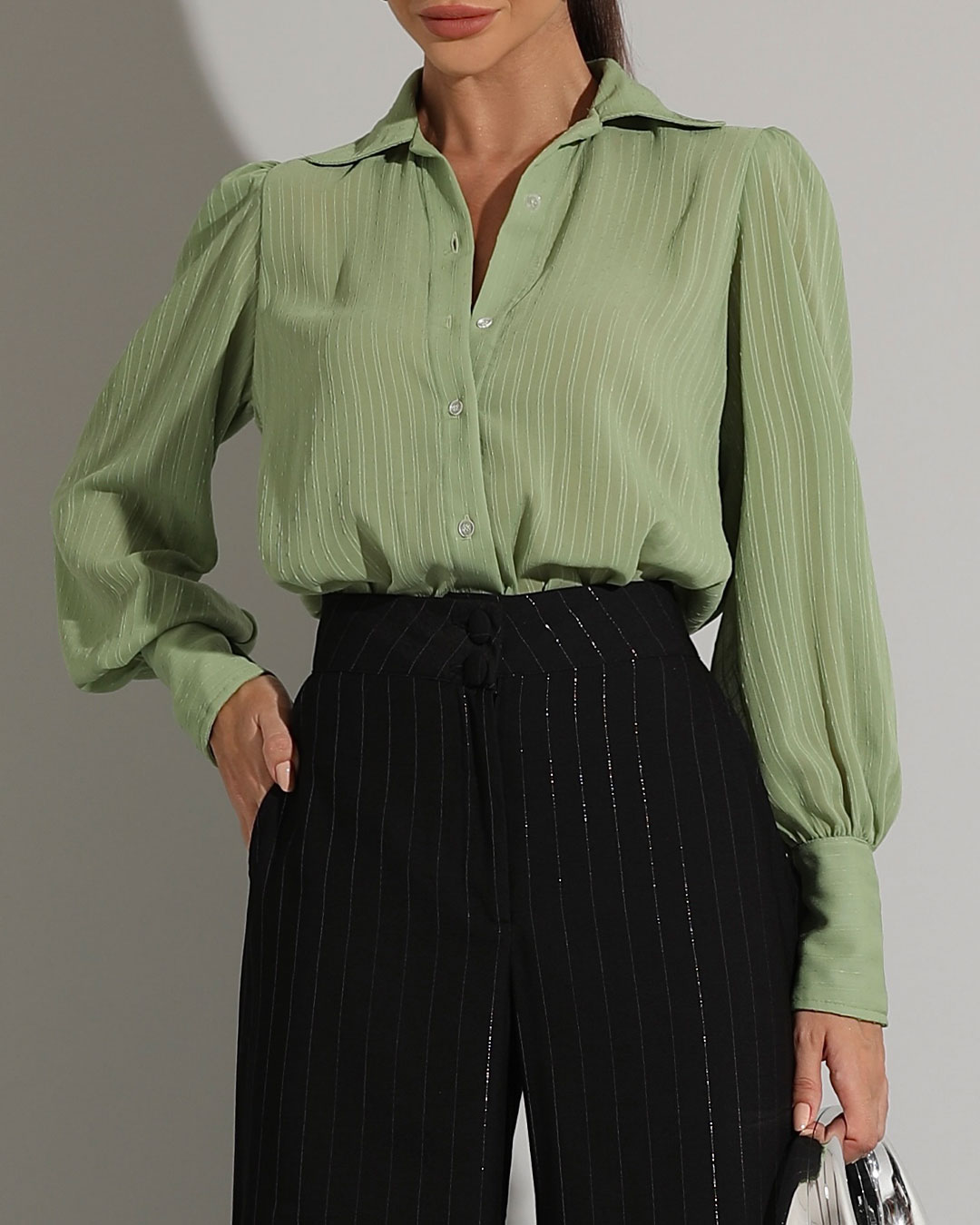 Miss Misses - Miss Misses Long Chiffon Textured Green Shirt - 54241023