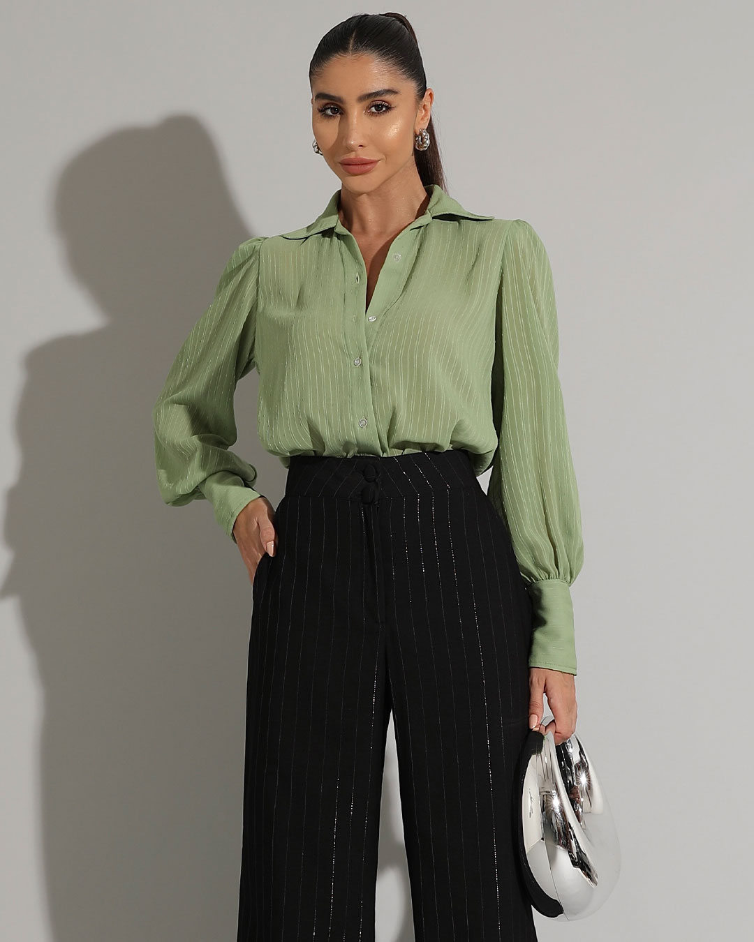 Miss Misses - Miss Misses Long Chiffon Textured Green Shirt - 54241023