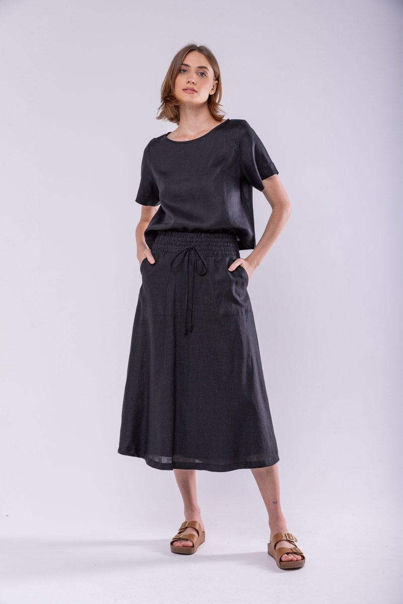 Hidrogênio - EVASE MIDI SKIRT 100% BLACK LINEN - 19800001