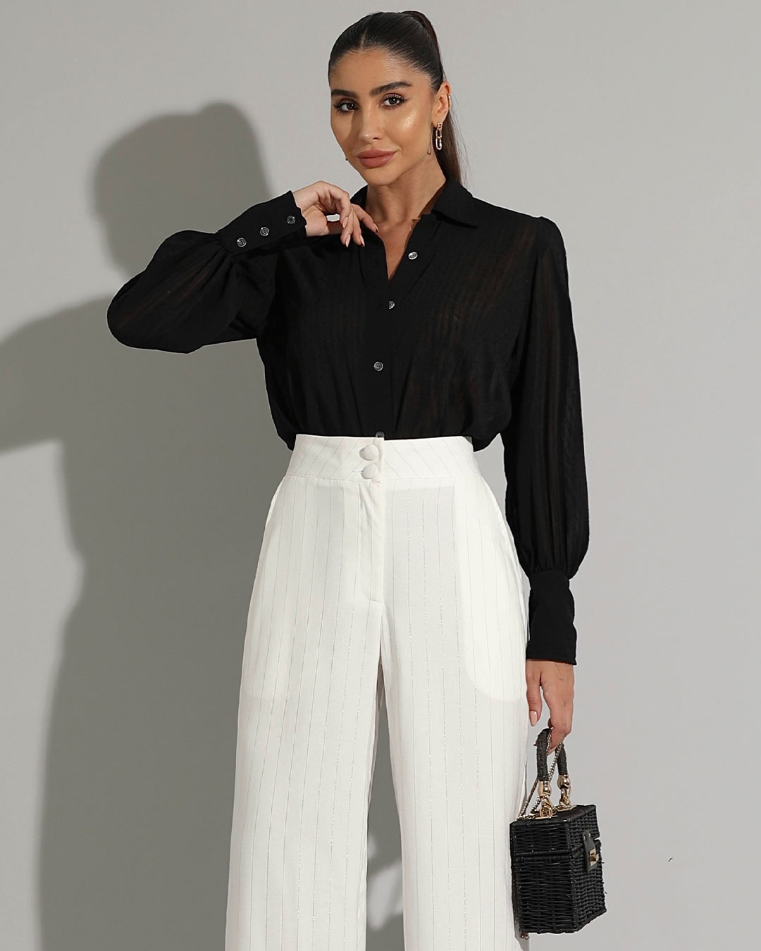 Miss Misses - Miss Misses Long Textured Chiffon Shirt Black - 54241PRETO