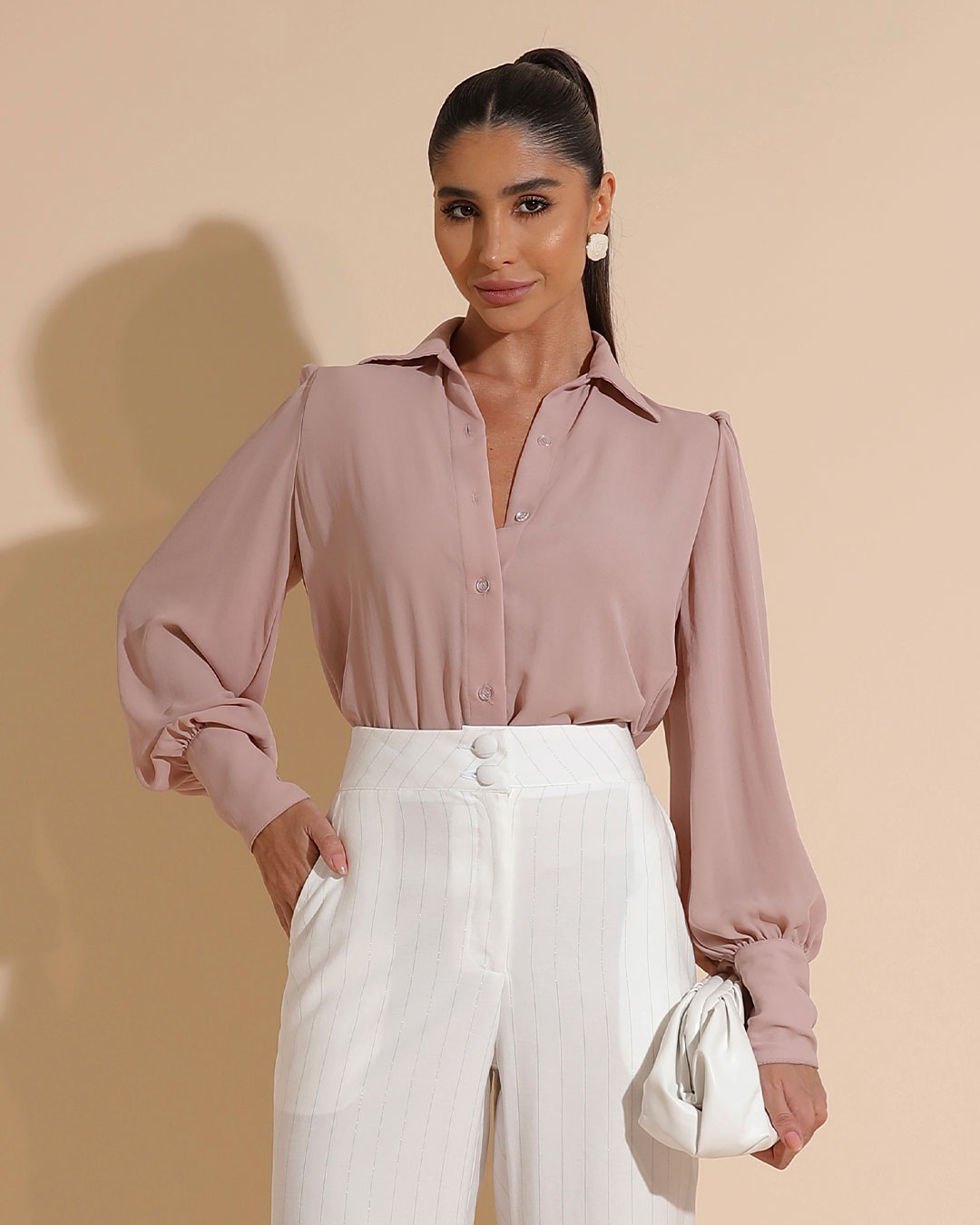 Miss Misses - Miss Misses Long Chiffon Shirt With Pink Buttons - 54221ROSE