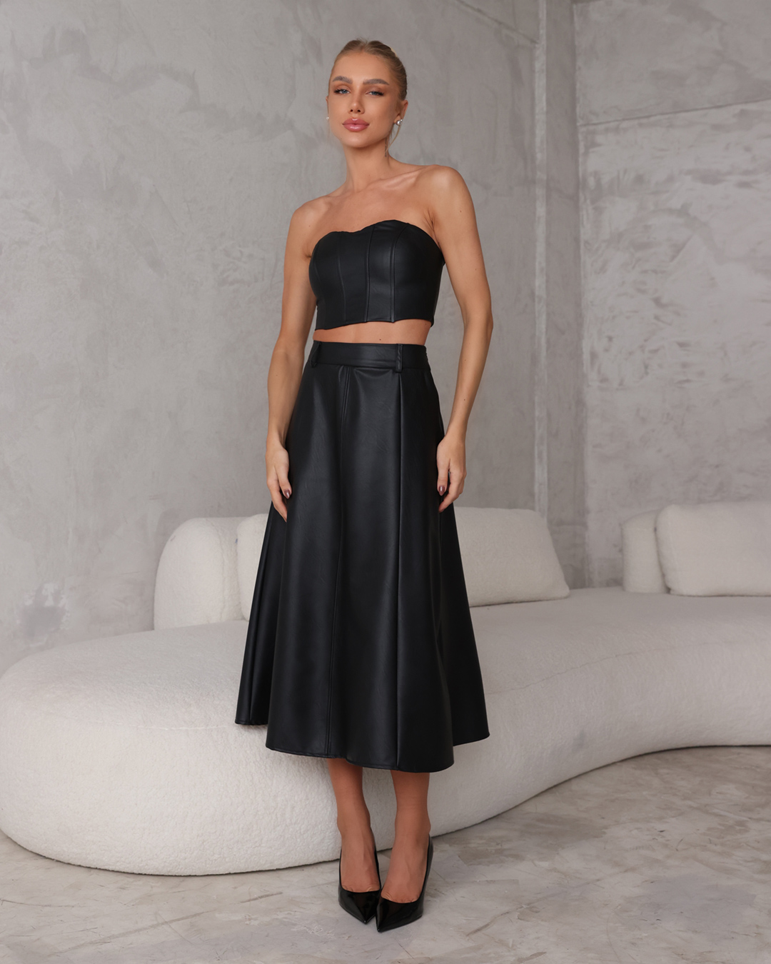 Dot Clothing - Set Dot Clothing Long Black Leather Skirt - 2303PRETO