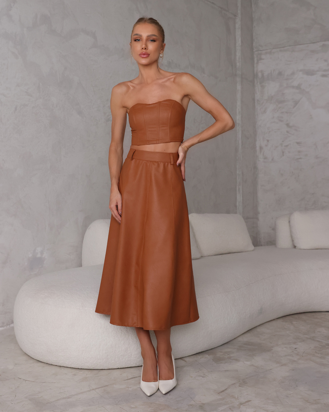 Dot Clothing - Set Dot Clothing Long Brown Leather Skirt - 2303MARROM