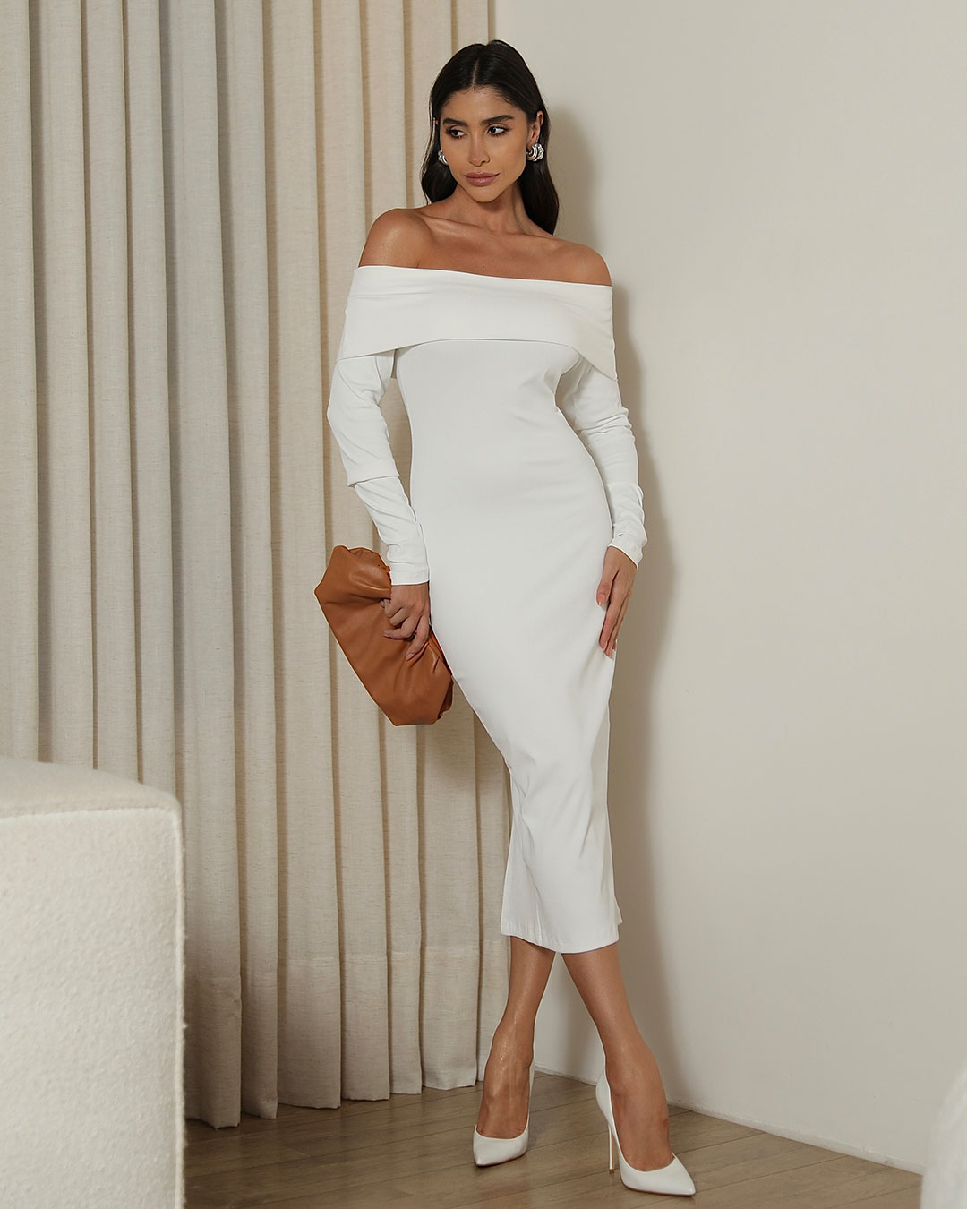 Miss Misses - Dress Miss Misses Ribbed Shoulder to Shoulder Off White - 80525OFF