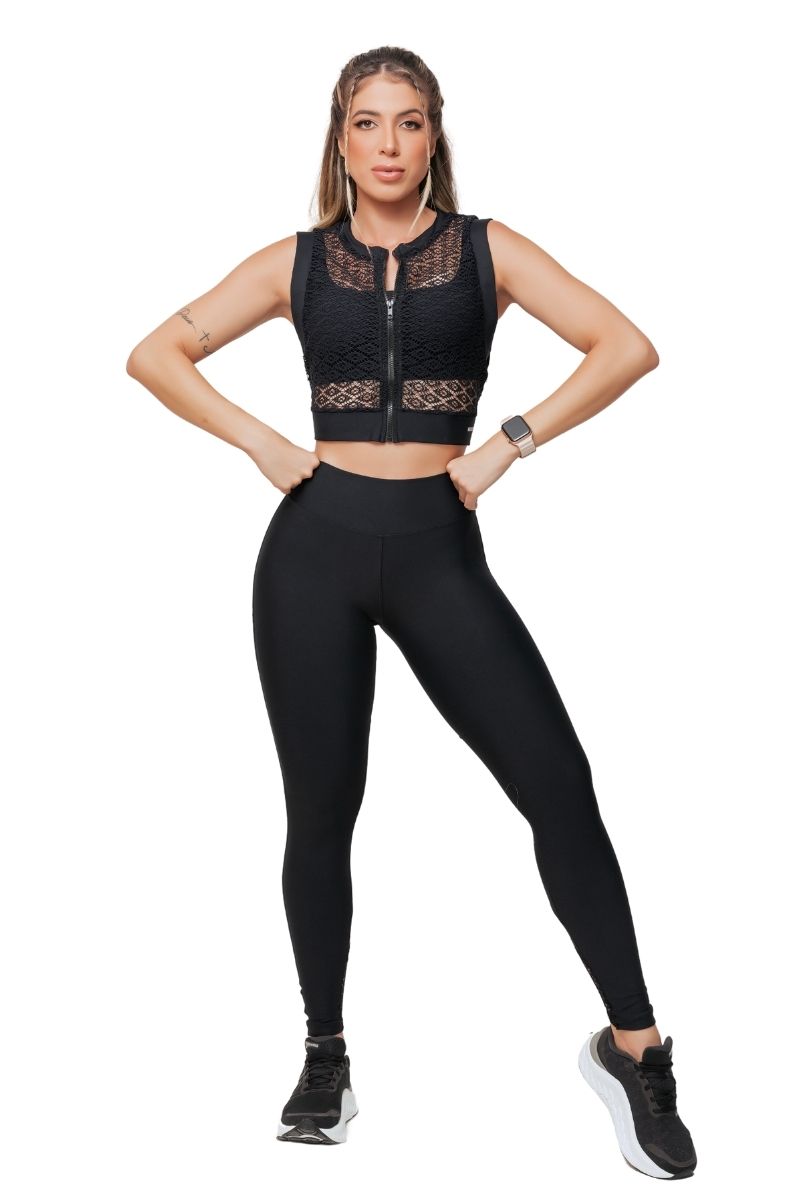 Garotafit - Trio Banaue Preto Calça Top e Colete - FCS339A