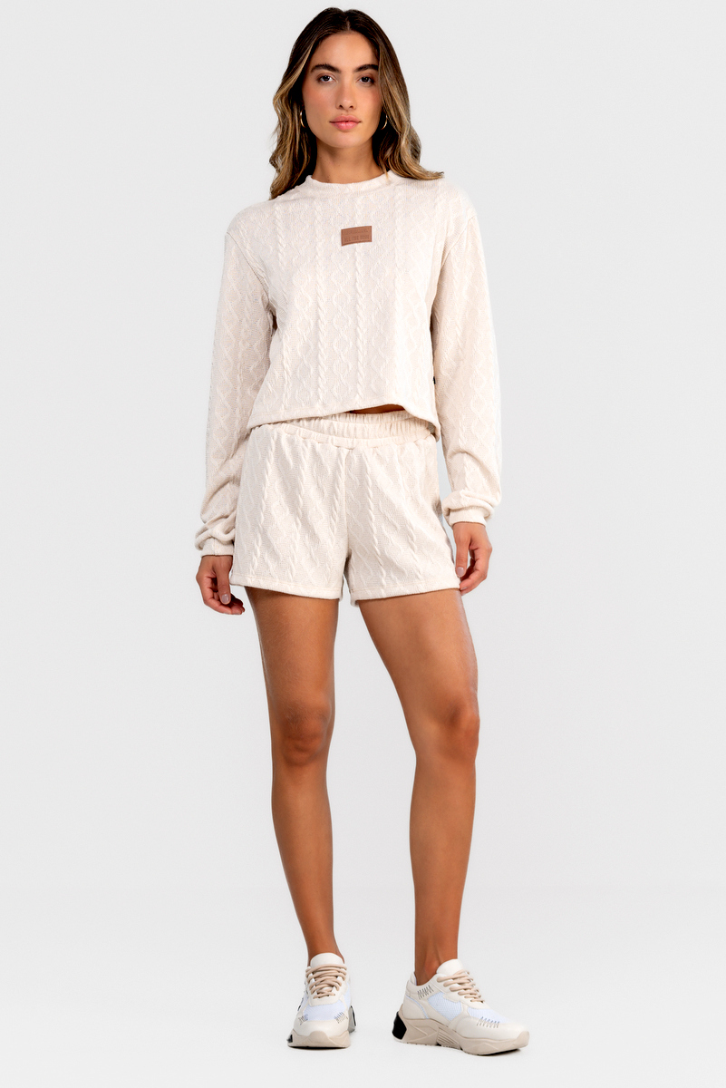 Labellamafia - Labellamafia Beige Jacquard Shirt and Shorts Set - 32893