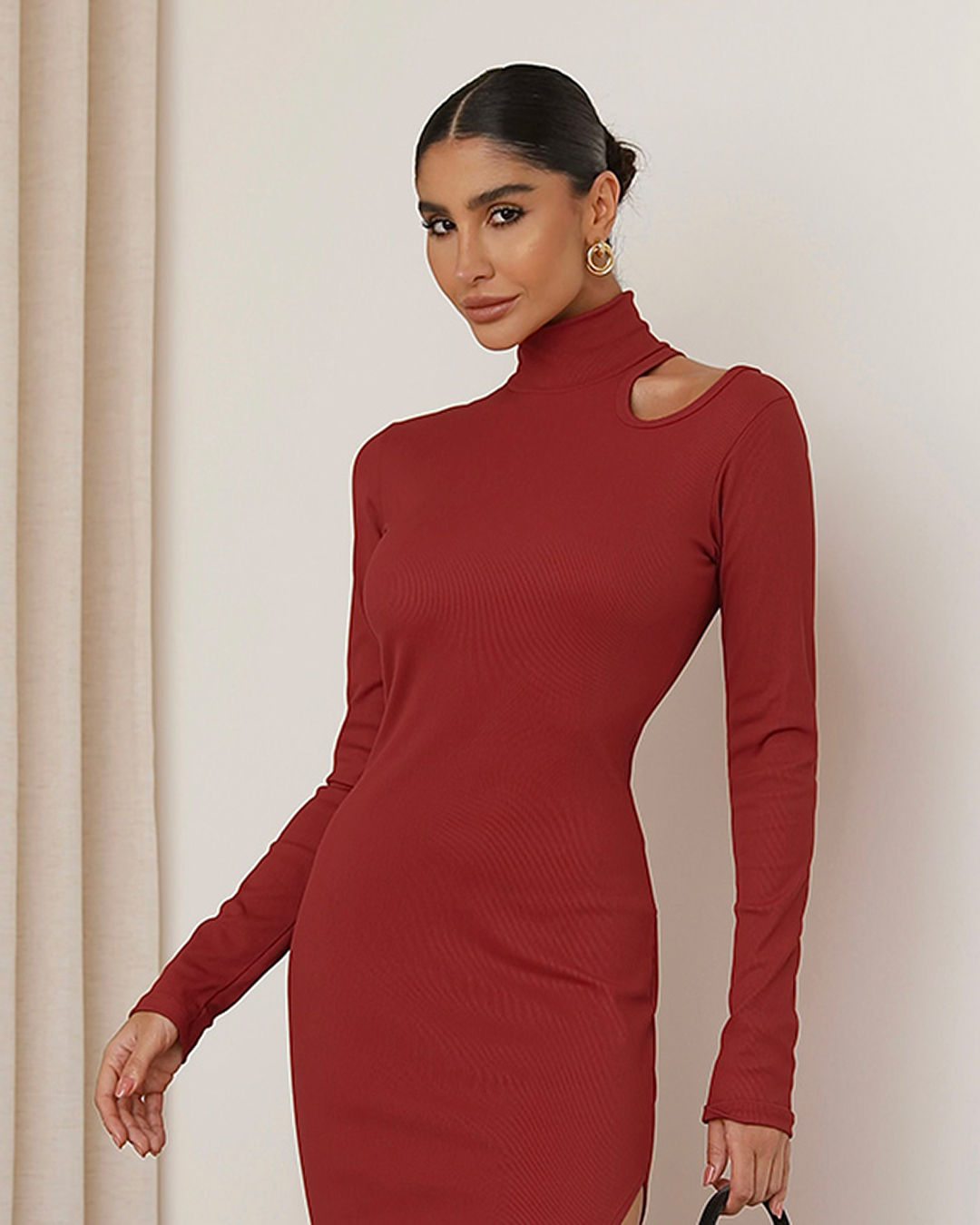 Miss Misses - Miss Misses Ribbed Hollow Out Long Sleeve Dress - 80532BORDO