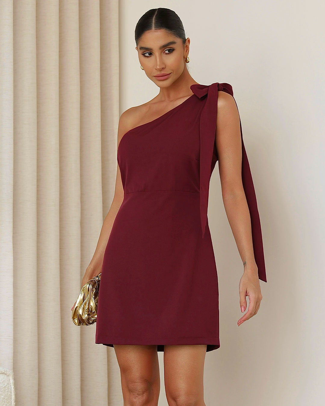 Miss Misses - Miss Misses One Shoulder Dress With Edge Sash - 54150BORDO