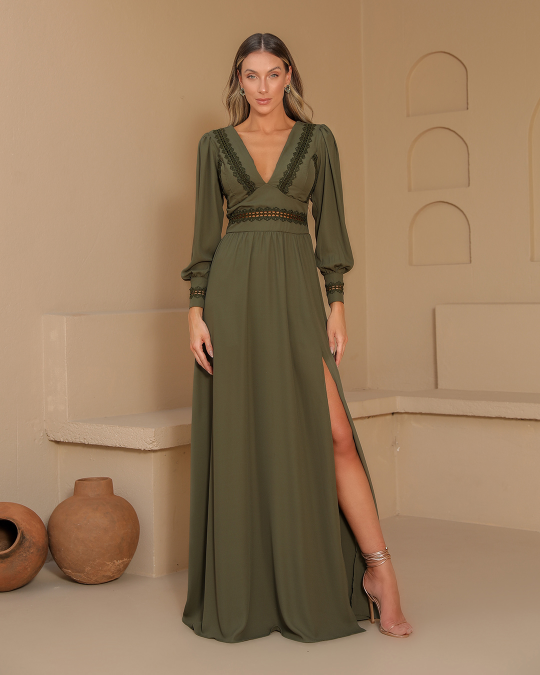 Dot Clothing - Vestido Dot Clothing Longo Renda Verde Militar - 1989VERDEESC