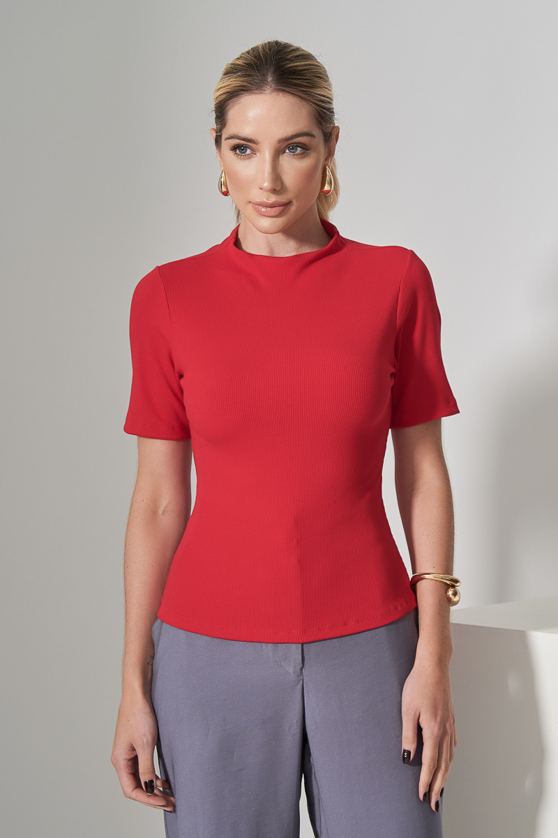 Miss Misses - Miss Misses Ribbed Shirt Red Medium Collar - 54325024