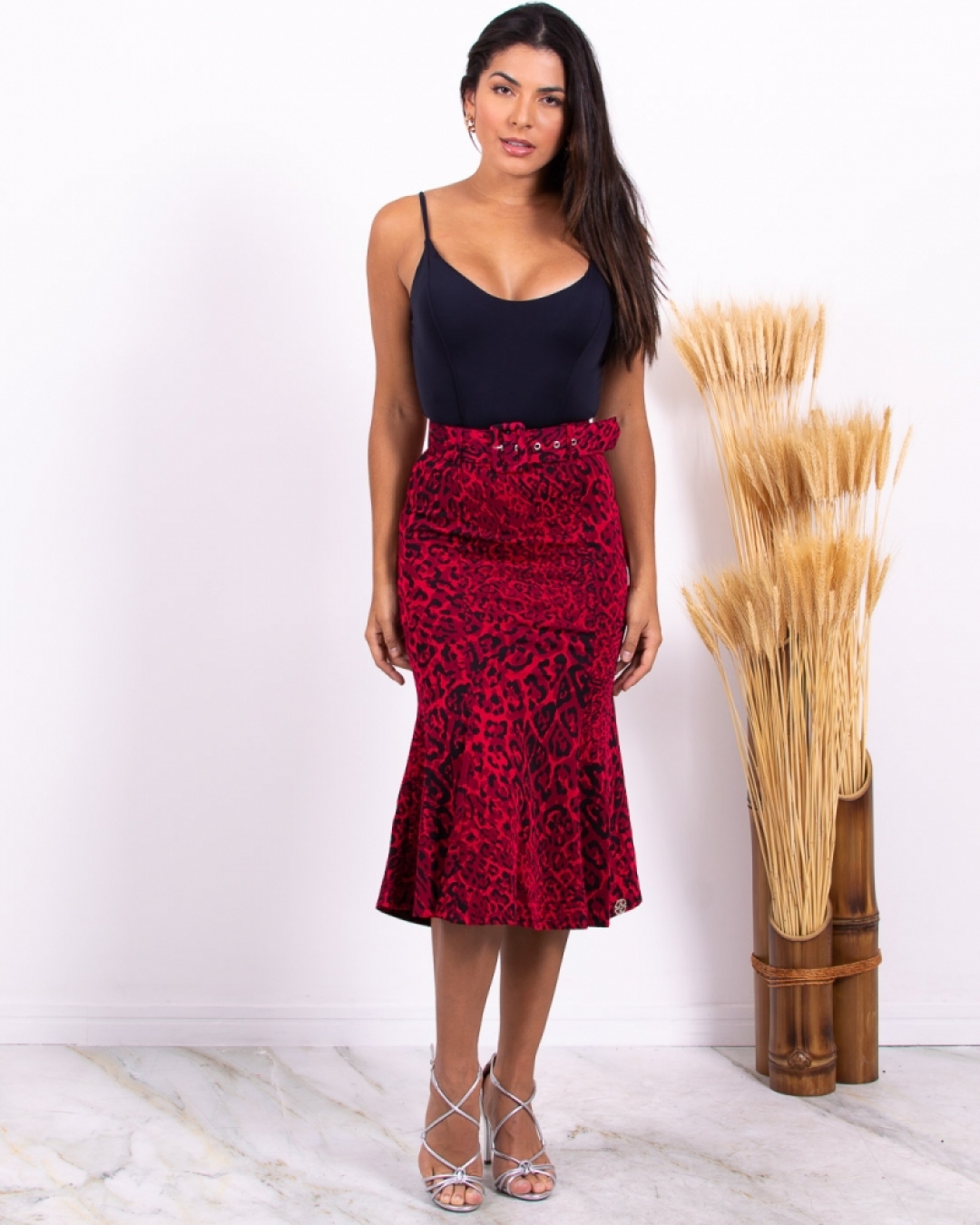 Miss Misses - Miss Misses Midi Skirt with Red Belt - 18045VERMELHO