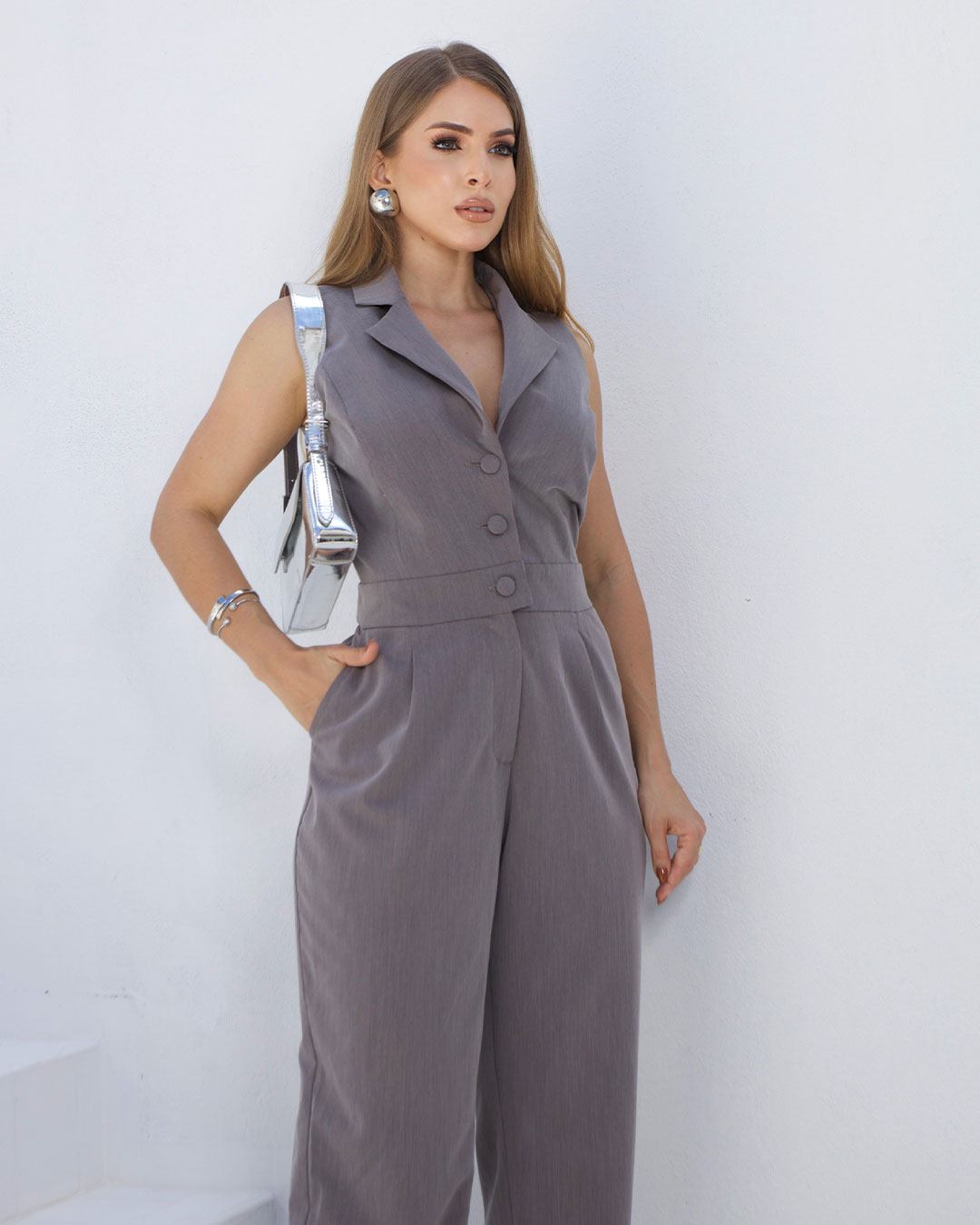 Miss Misses - Jumpsuit Miss Misses Lapel Detail and Lead Button - 54242CINZA