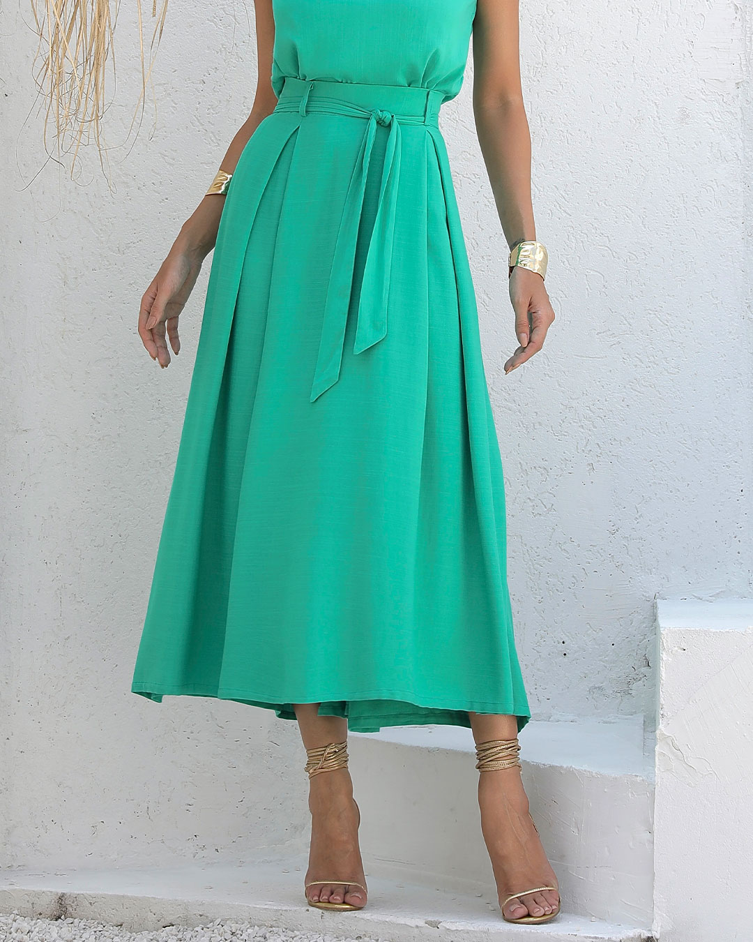 Miss Misses - Miss Misses Long Skirt With Zipper and Green Sash - 54200VERDE