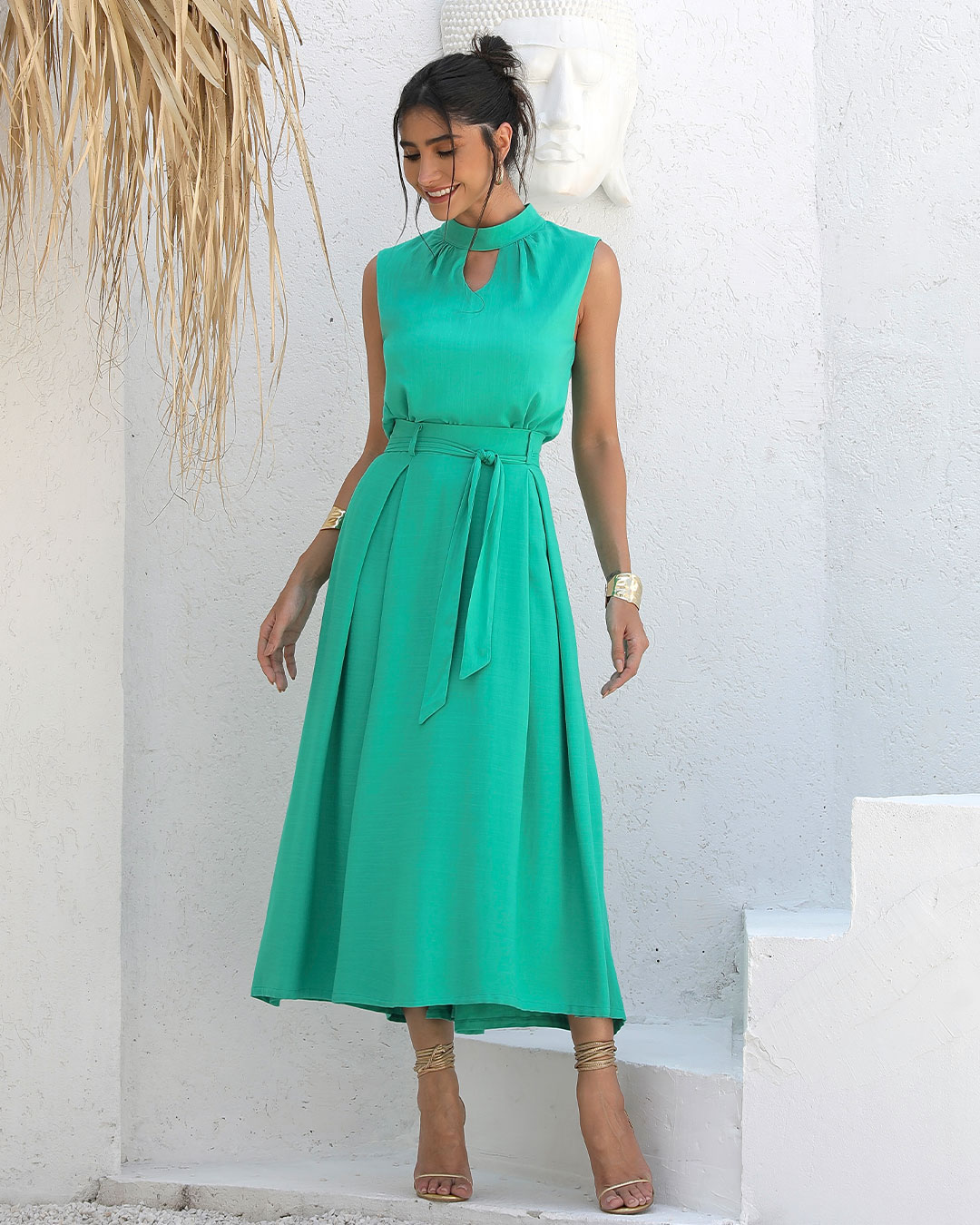 Miss Misses - Miss Misses Long Skirt With Zipper and Green Sash - 54200VERDE