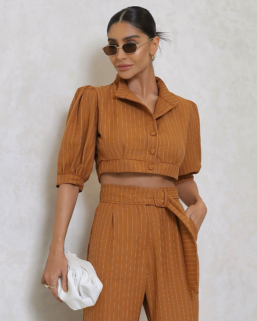 Miss Misses - Miss Misses Cropped Set and Caramel Pinstripe Pants - 80528134