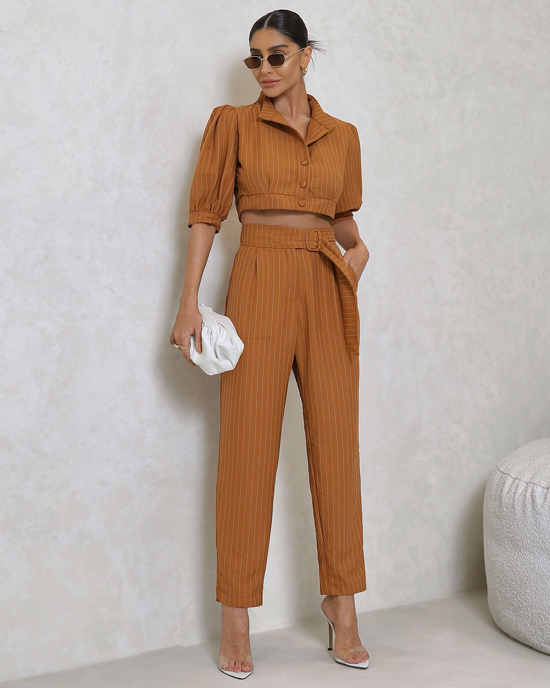 Miss Misses - Miss Misses Cropped Set and Caramel Pinstripe Pants - 80528134