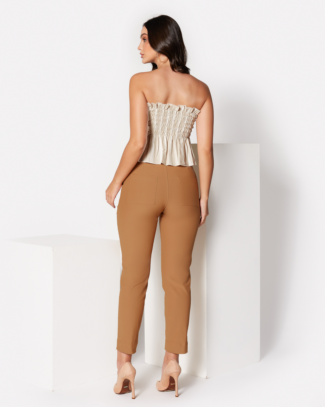 Miss Misses - Cropped Miss Misses Strapless Beige Striped - 18492BEGE