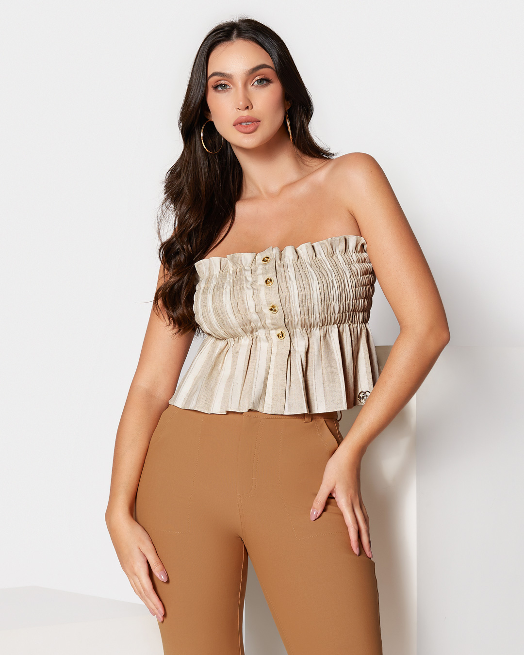 Miss Misses - Cropped Miss Misses Strapless Beige Striped - 18492BEGE