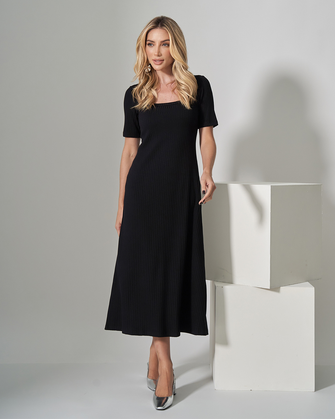 Miss Misses - Dress Miss Misses Midi Ribbed Square Collar Black - 54316PRETO