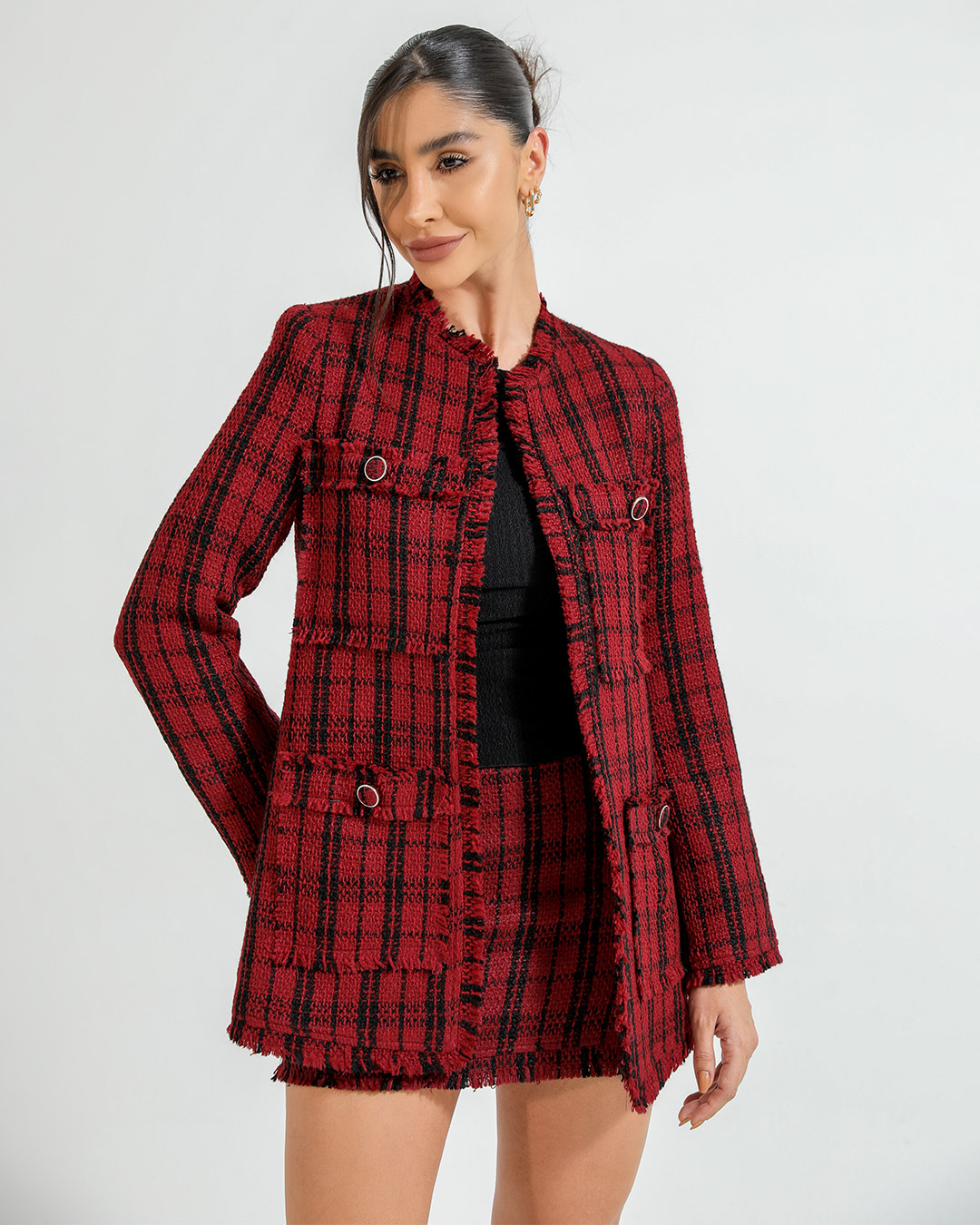 Dot Clothing - Conjunto Dot Clothing Shorts Saia e Blazer Tweedy Vermelho - 2377VERMELHO