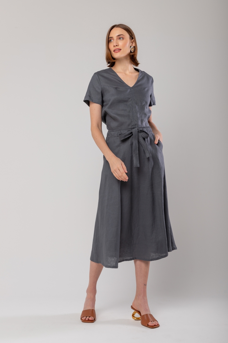 Hidrogênio - 100% GRAY LINEN EVASE MIDI SKIRT - 20020030