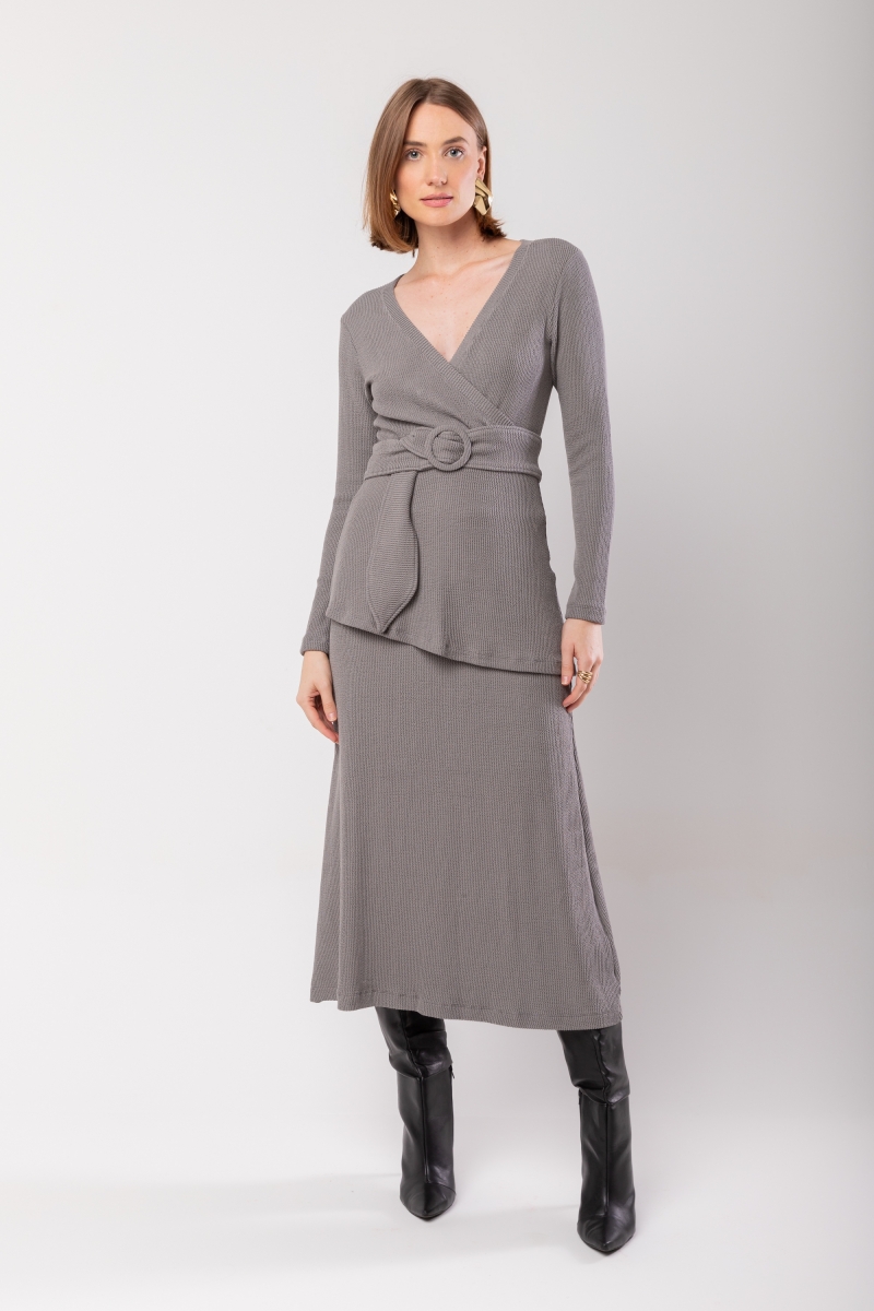 Hidrogênio - EVASE MIDI SKIRT AND BLOUSE SET WITH BELT GRAY - 20015030