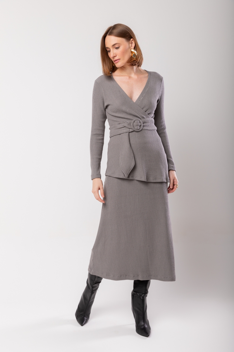 Hidrogênio - EVASE MIDI SKIRT AND BLOUSE SET WITH BELT GRAY - 20015030