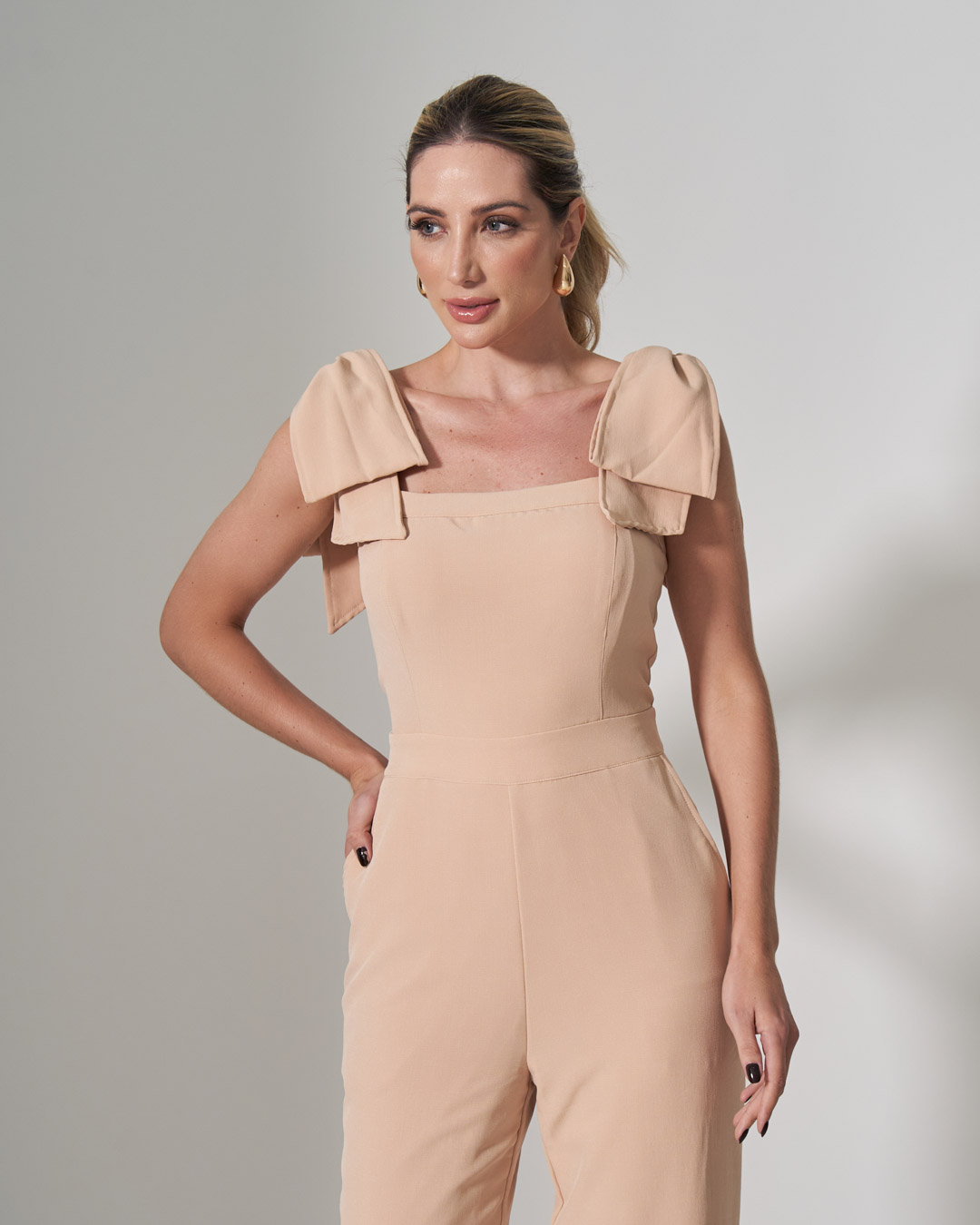 Miss Misses - Miss Misses Long Jumpsuit With Bow Shoulders Beige - 54173BEGE