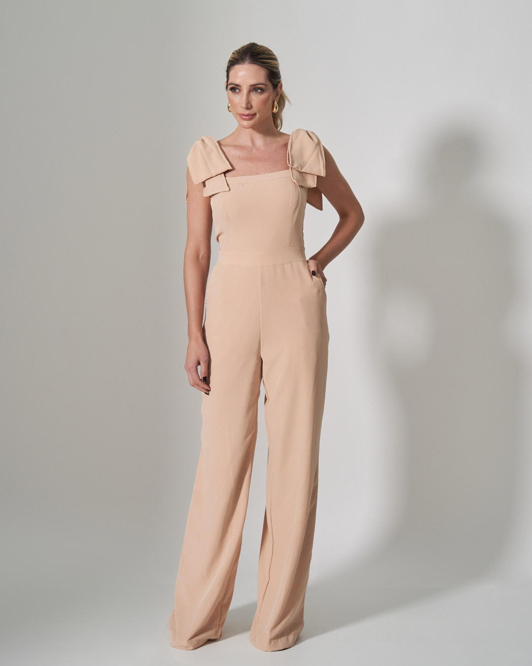 Miss Misses - Miss Misses Long Jumpsuit With Bow Shoulders Beige - 54173BEGE