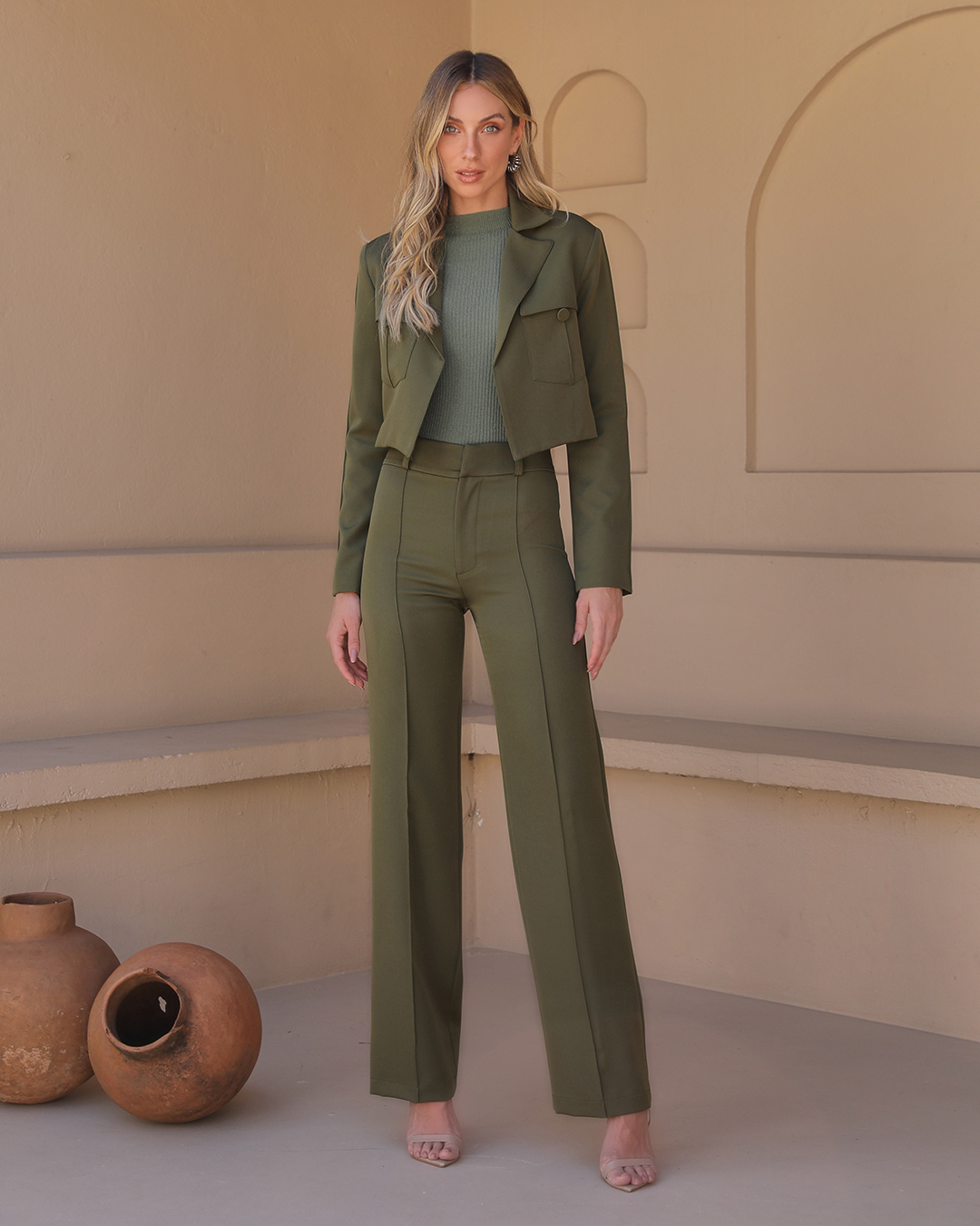 Dot Clothing - Dot Clothing Blazer and Pants Set Military Green - 2390VERDE