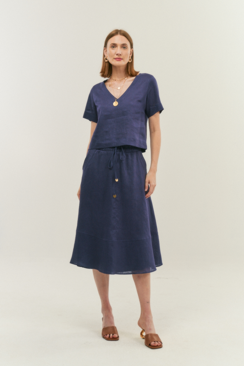 Hidrogênio - 100% NAVY LINEN MIDI FLARE SKIRT - 19862004