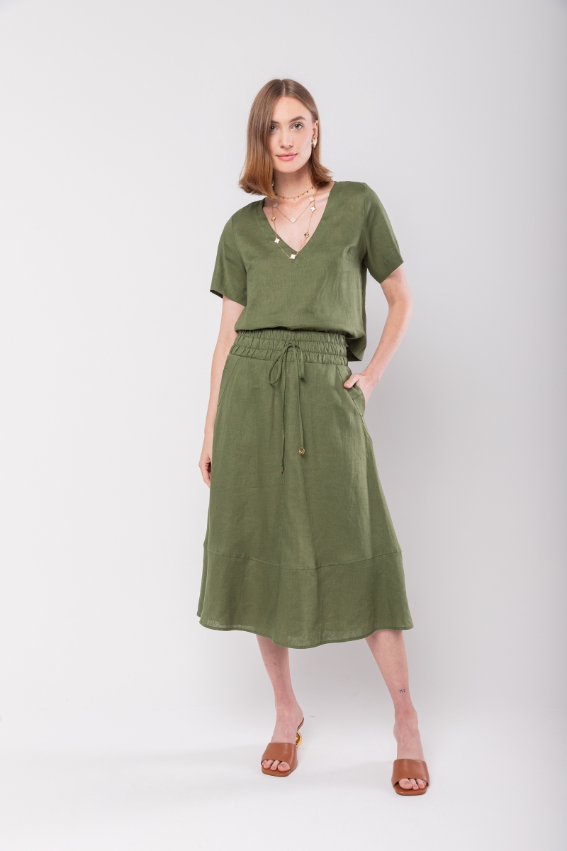 Hidrogênio - 100% GREEN LINEN MIDI FLARE SKIRT - 19862009