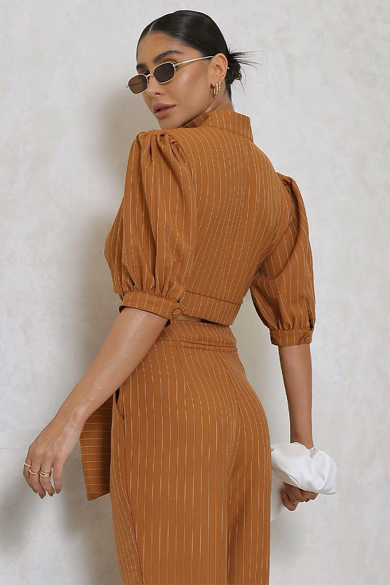 Miss Misses - Miss Misses Cropped Set and Caramel Pinstripe Pants - 80528CAR