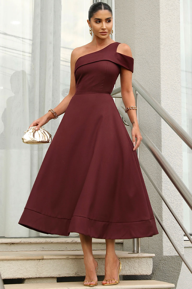 Miss Misses - Miss Misses Long Shoulder Dress Only Burgundy - 54347BORDO