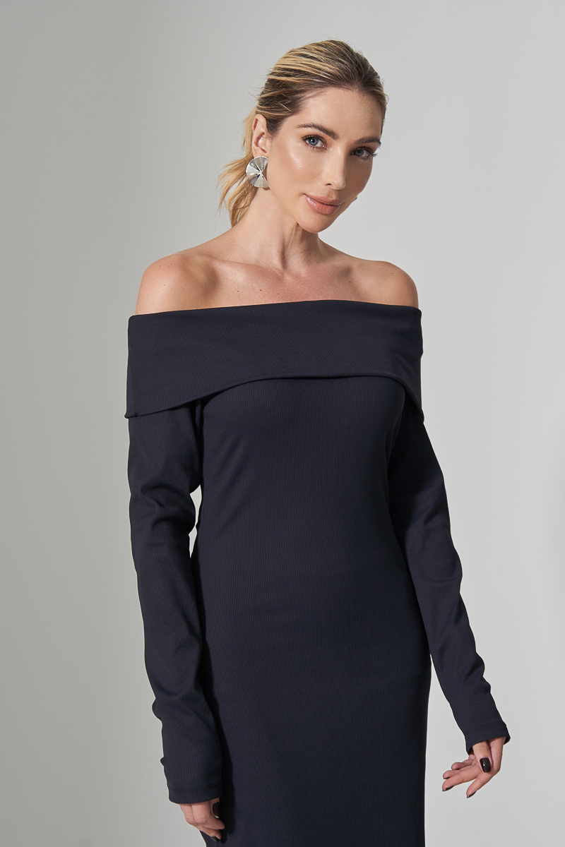 Miss Misses - Dress Miss Misses Ribbed Shoulder to Shoulder Black - 80525PRETO