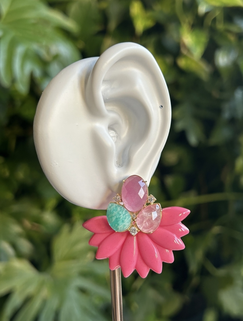 Mikabe - Pink Resin Party Earring with Natural Stones - MK1791