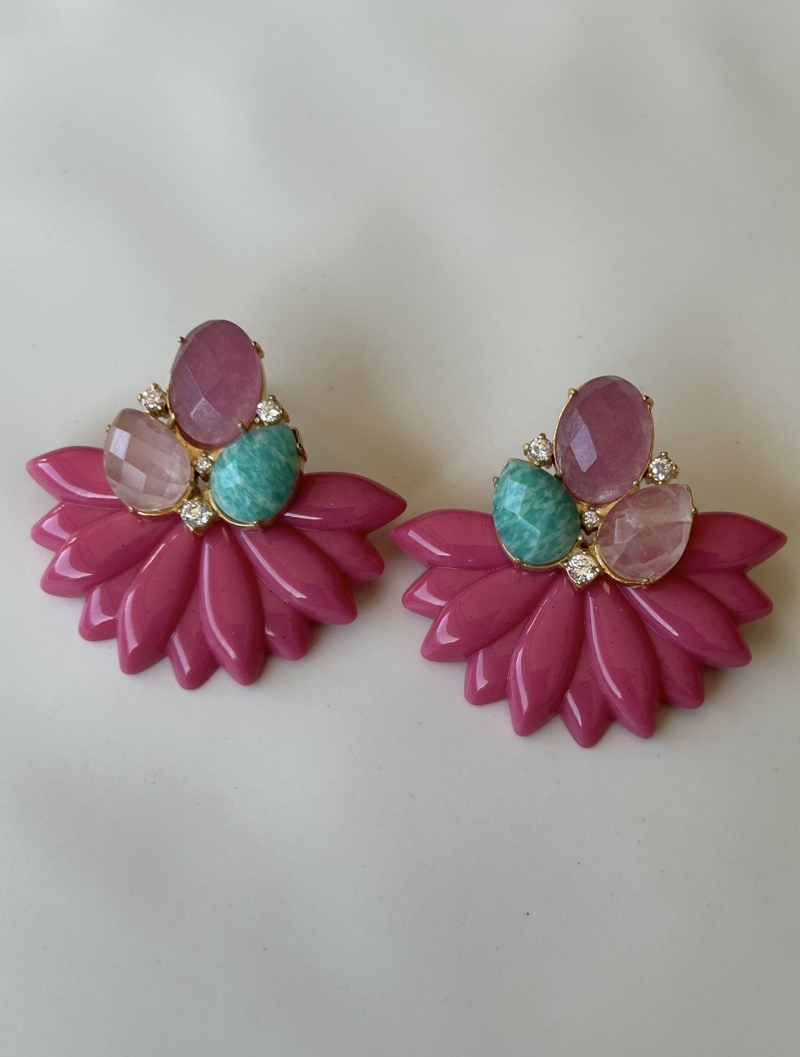 Mikabe - Pink Resin Party Earring with Natural Stones - MK1791