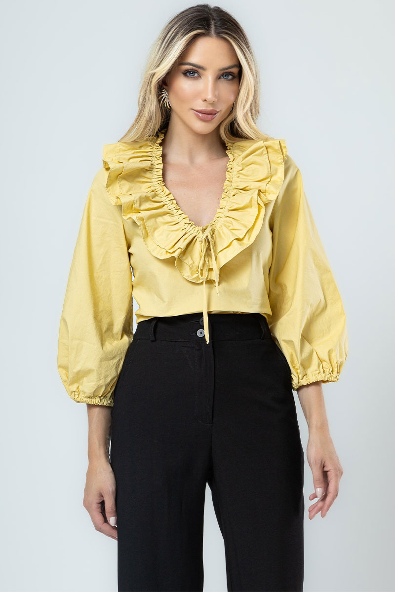 Miss Misses - Valentina Long Sleeve Shirt with Yellow Frill - 54356003