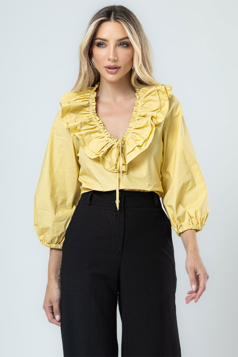 Miss Misses - Valentina Long Sleeve Shirt with Yellow Frill - 54356003