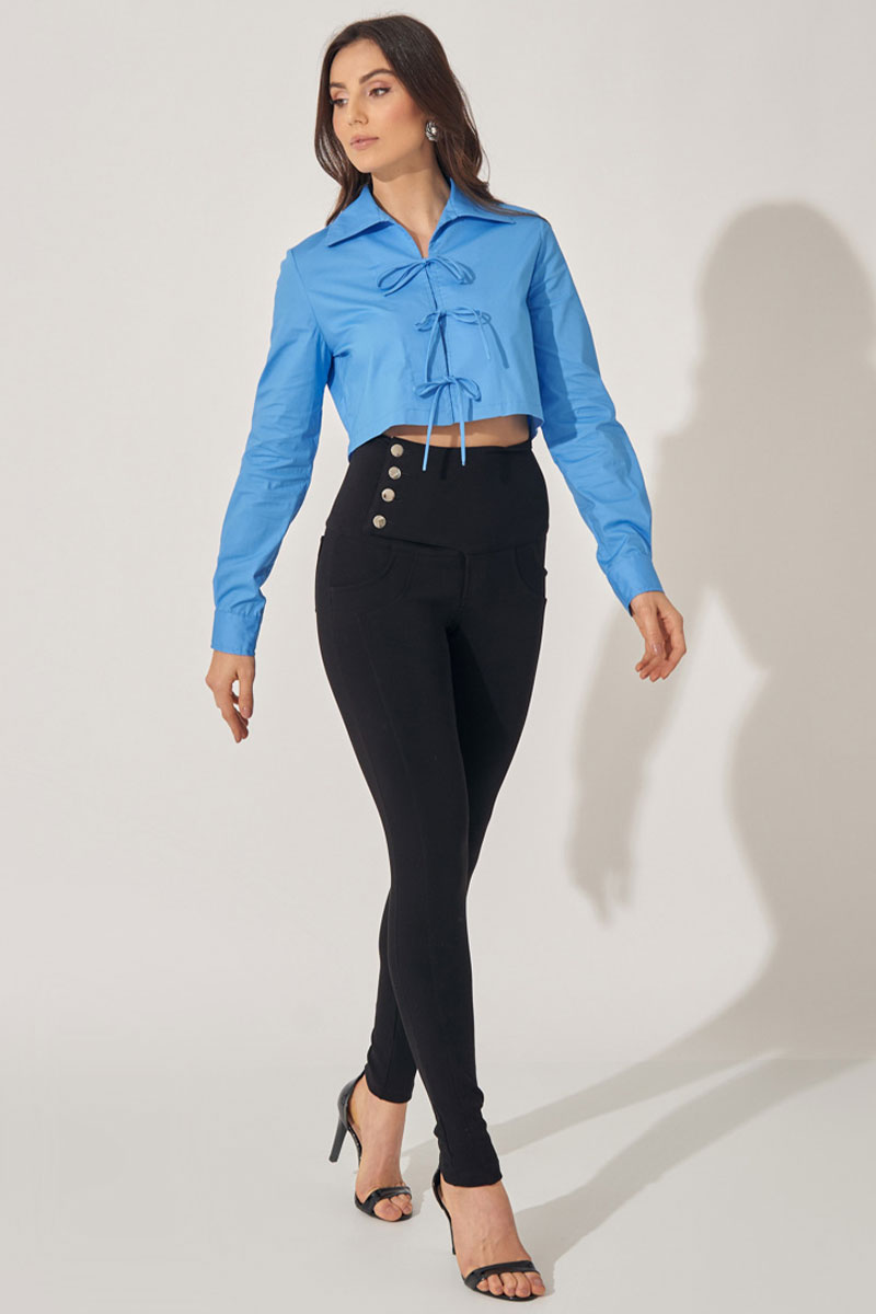 Miss Misses - Olivia Long Sleeve Shirt with Tie Front Blue - 54361002