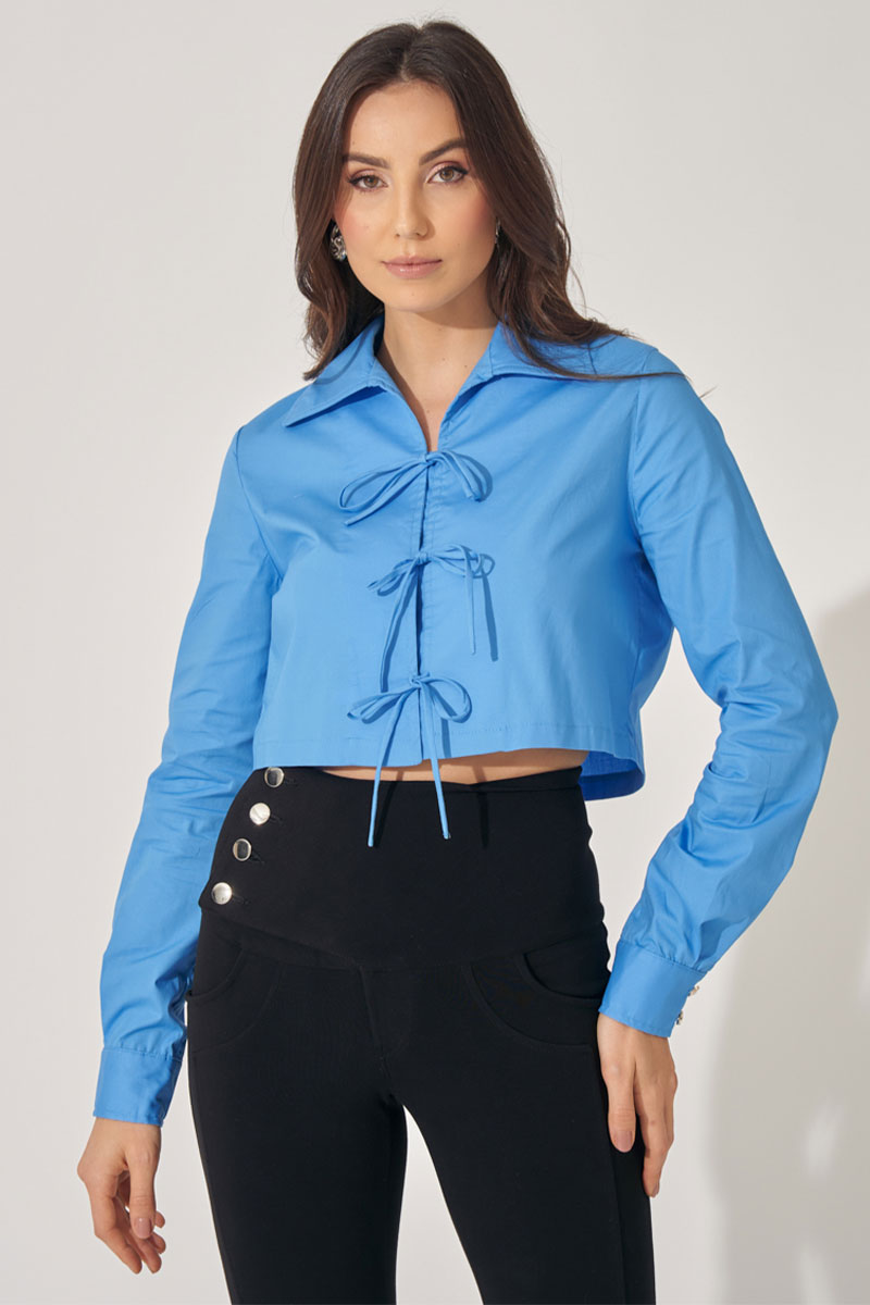 Miss Misses - Olivia Long Sleeve Shirt with Tie Front Blue - 54361002