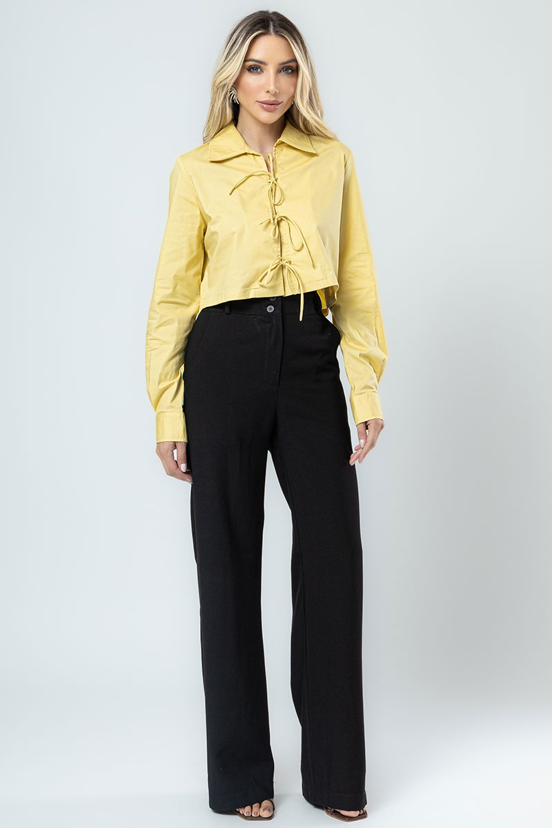 Miss Misses - Olivia Long Sleeve Shirt with Tie Front Yellow - 54361003