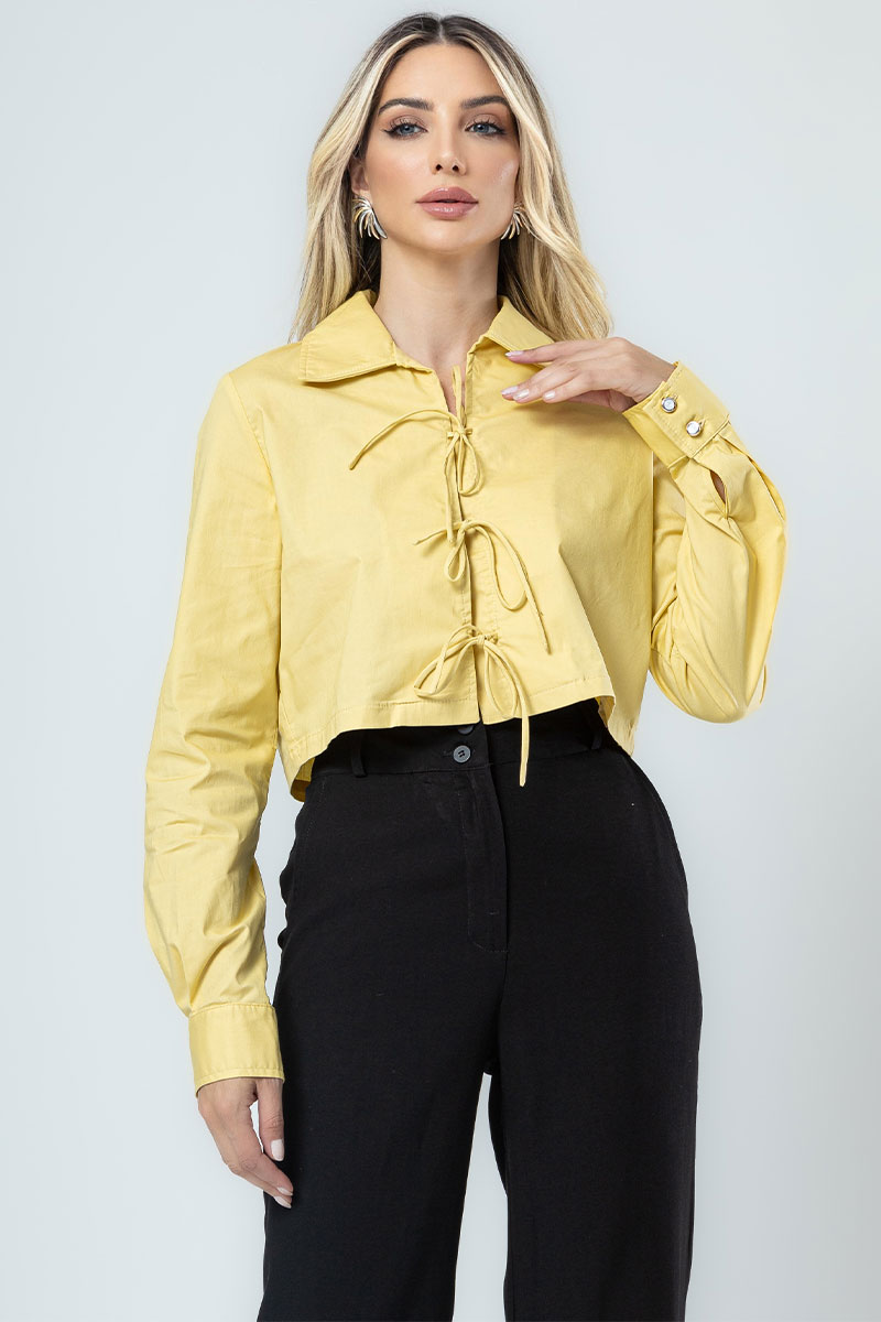 Miss Misses - Olivia Long Sleeve Shirt with Tie Front Yellow - 54361003