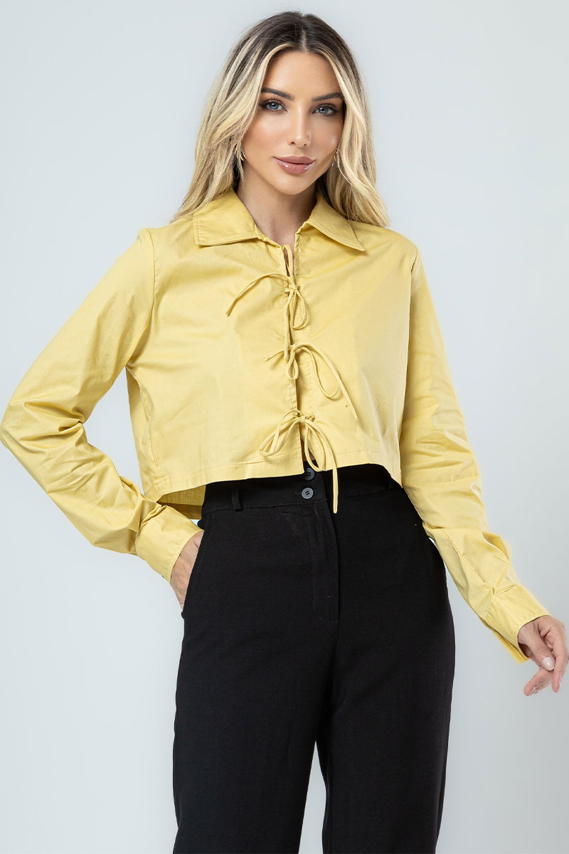 Miss Misses - Olivia Long Sleeve Shirt with Tie Front Yellow - 54361003