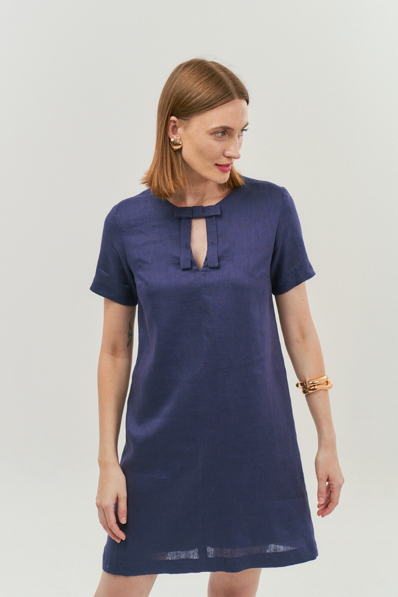 Hidrogênio - SHORT FLARE DRESS WITH BOW IN 100% NAVY LINEN - 20066004