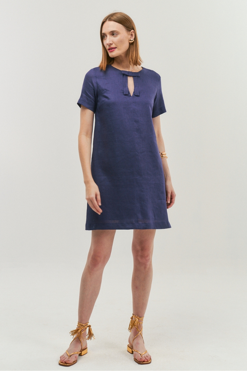 Hidrogênio - SHORT FLARE DRESS WITH BOW IN 100% NAVY LINEN - 20066004